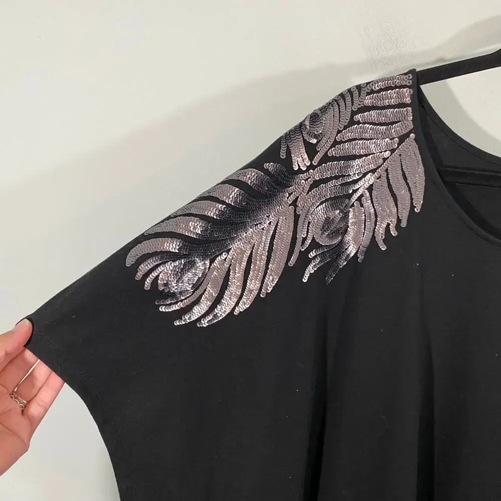 Roaman's Women Black With Silver Sequins Shoulder Accent Short Sleeve Top Sz 4X
